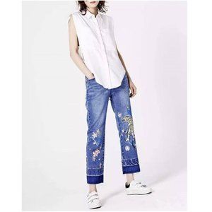 New High Rise Tiger Floral Embroidered Crop Jeans